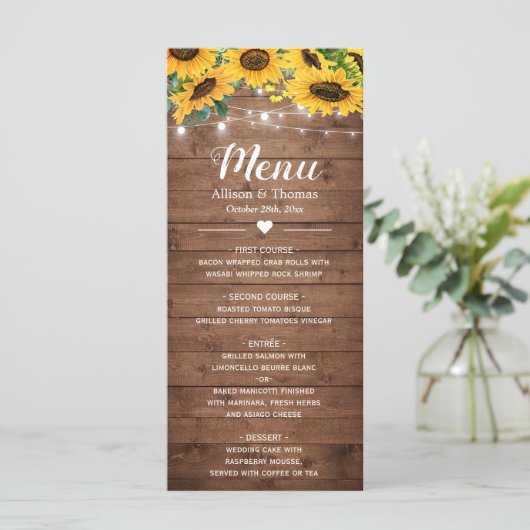 Rustige Sunflower String Lights Wedding Menu (Staand voorkant)
