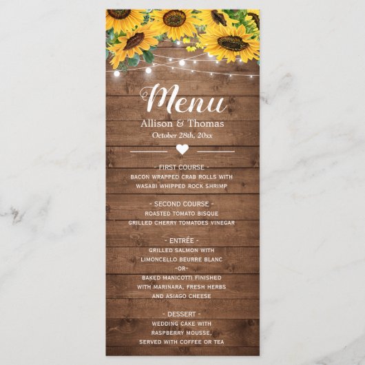 Rustige Sunflower String Lights Wedding Menu (Voorkant)