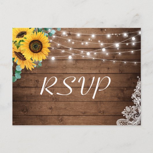 Rustige Sunflower String Lights Wedding RSVP Uitnodiging Briefkaart (Voorkant)