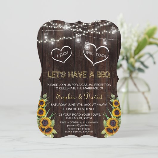 Rustige Sunflower String Lights Wood I DO BBQ Kaart (Staand voorkant)