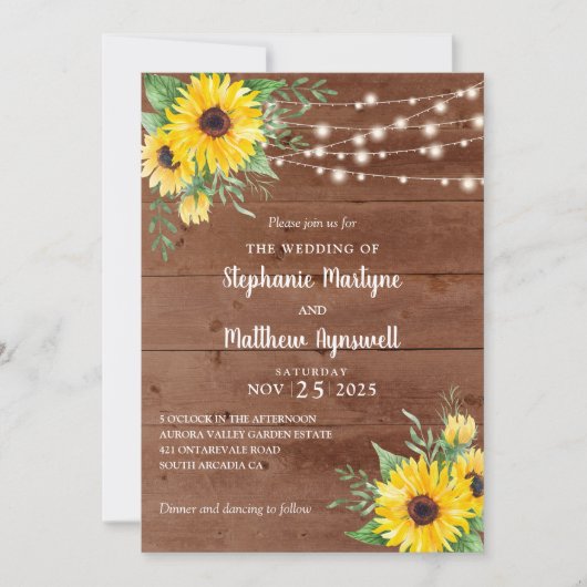 Rustige Sunflower String Lights Wood Wedding Kaart (Voorkant)
