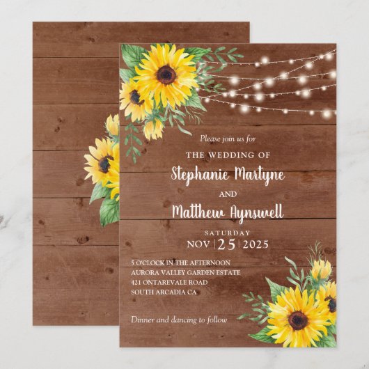 Rustige Sunflower String Lights Wood Wedding Kaart (Voorkant / Achterkant)