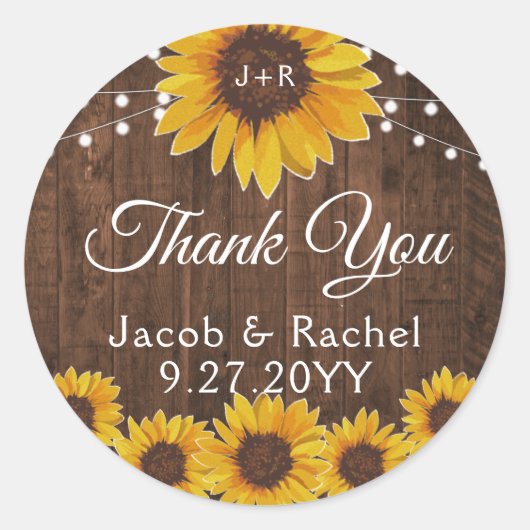 Rustige Sunflower String Lights Wood Wedding Ronde Sticker (Voorkant)
