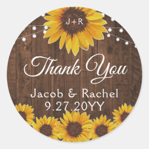Rustige Sunflower String Lights Wood Wedding Ronde Sticker