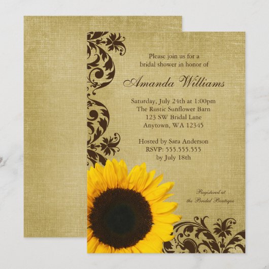 Rustige Sunflower Swirls Bridal Shower Invitation Kaart (Voorkant / Achterkant)