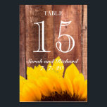 Rustige Sunflower Wedding Table Number Card Kaart<br><div class="desc">Mooie Gele Zonnebloem Foto Rustieke Tafel Nummer Kaart met bedrukte rode schuur houten planken foto-effect. Volledig aanpasbaar met uw namen, trouwdatum en tabelnummer. Voeg uw tabelnummer aan de voor- en achterkant toe en voeg vervolgens een van die tabelnummers toe aan uw winkelwagentje. Ga terug naar uw ontwerp en verander het...</div>