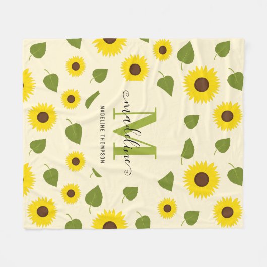 Rustige Sunflower Yellow Green Leaf Script Monogra Fleece Deken (Voorkant (Horizontaal))