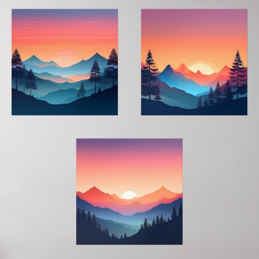 Rustige Sunset Mountain Art Set van 3 (Voorkant)