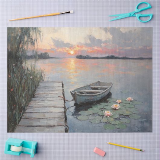 Rustige Sunset Rowboat op een Lake Decoupage Tissuepapier (Craft)