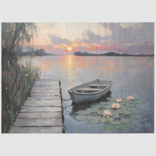 Rustige Sunset Rowboat op een Lake Decoupage Tissuepapier (Voorkant)
