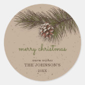Rustige tak dennengroen vrolijk kerstfeest ronde sticker (Voorkant)