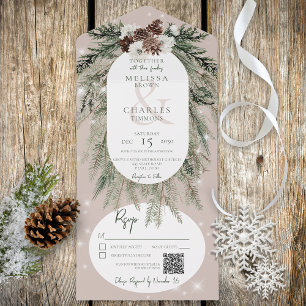 Rustige Tan Pine Winter Sparkle QR Code All In One Uitnodiging