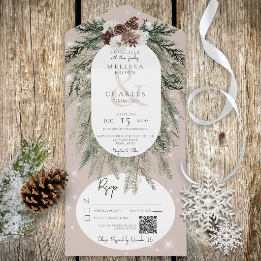 Rustige Tan Pine Winter Sparkle QR Code All In One Uitnodiging