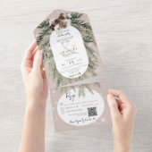 Rustige Tan Pine Winter Sparkle QR Code All In One Uitnodiging (Afscheurbaar)