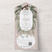 Rustige Tan Pine Winter Sparkle QR Code All In One Uitnodiging (Binnen)