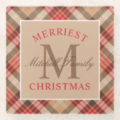 Rustige Tan Red Tartan met kerstmonogram Glazen Onderzetter (Voorkant)