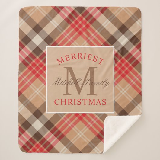 Rustige Tan Red Tartan met kerstmonogram Sherpa Deken (Voorkant)