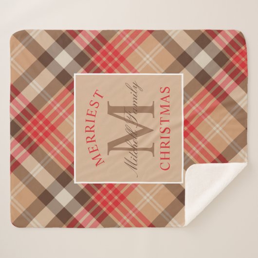 Rustige Tan Red Tartan met kerstmonogram Sherpa Deken (Voorkant (horizontaal))