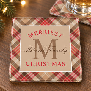 Rustige Tan Rode Tartan Plaid Kerst Monogram Glazen Onderzetter