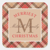Rustige Tan Rode Tartan Plaid Kerst Monogram Vierkante Sticker (Voorkant)