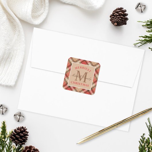Rustige Tan Rode Tartan Plaid Kerst Monogram Vierkante Sticker