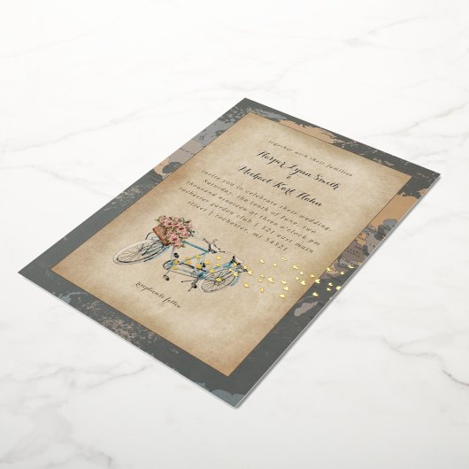 rustige tandem wereldkaart bruiloft folie inval folie uitnodiging (Gedraaid)