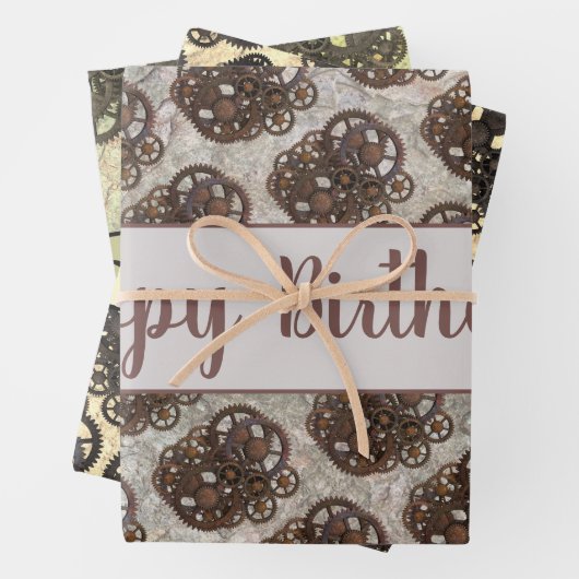 Rustige tandwielen stellen stoampunk op een gestee inpakpapier vel (In situ)