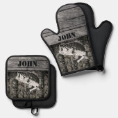 Rustige tas Vist naam Houtsport buitenshuis Camo Ovenwant & Pannenlap Set (Voorkant / Achterkant)