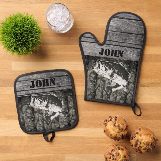 Rustige tas Vist naam Houtsport buitenshuis Camo Ovenwant & Pannenlap Set (Top down)