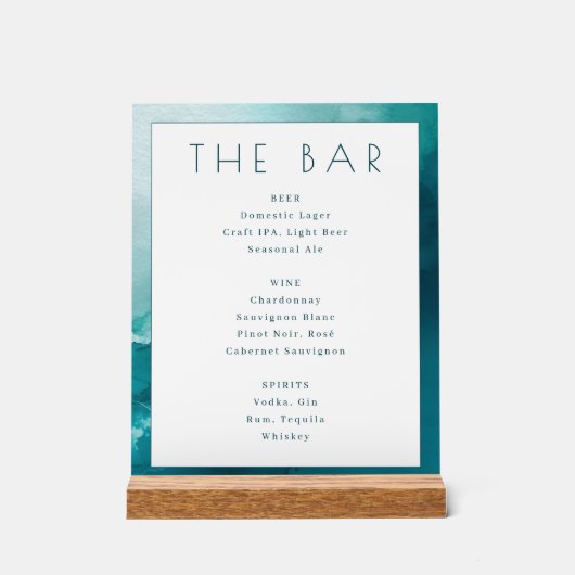 Rustige Teal Waterverf Bar Menu Acryl Bord (Voorkant)