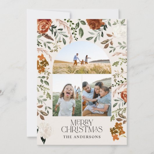 Rustige terracotta 3 foto botanische elegantaarns feestdagenkaart (Voorkant)