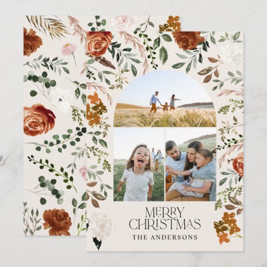 Rustige terracotta 3 foto botanische elegantaarns feestdagenkaart (Voorkant / Achterkant)