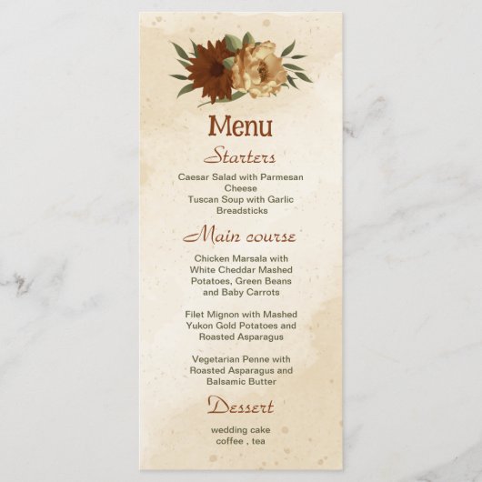 rustige terracotta floral bruiloft menu (Voorkant)