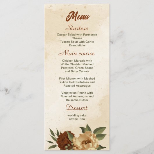 rustige terracotta floral bruiloft menu (Voorkant)
