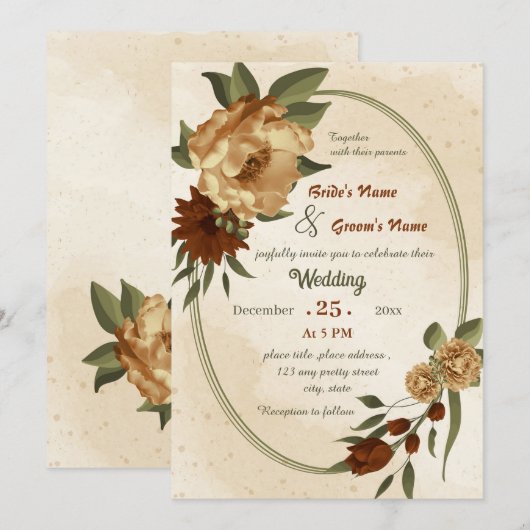 rustige terracotta florale geometrische bruiloft kaart (Voorkant / Achterkant)