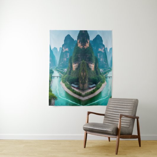 Rustige toppen en kronkelend water - Natuur landsc Wandkleed (In situ)