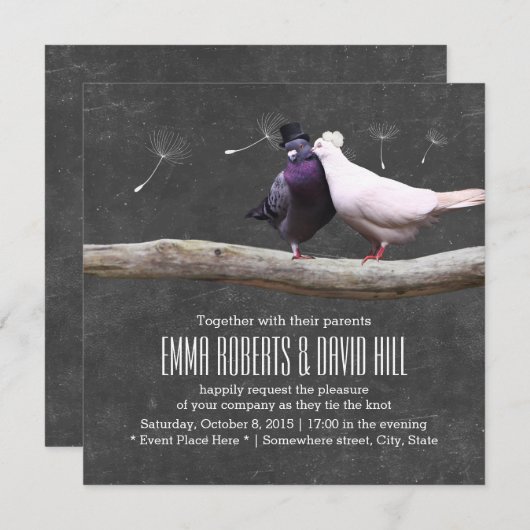 Rustige Tortelduifjes en Dandelion Chalkboard Wedd Kaart (Voorkant / Achterkant)