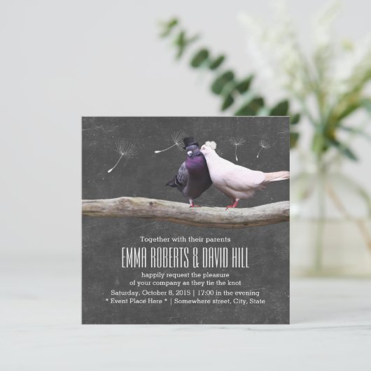 Rustige Tortelduifjes en Dandelion Chalkboard Wedd Kaart (Staand voorkant)