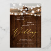 Rustige touwlichten bruin hout 2 foto's bruiloft folie uitnodiging (Voorkant)