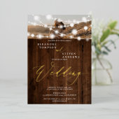 Rustige touwlichten bruin hout 2 foto's bruiloft folie uitnodiging (Staand Voorkant)