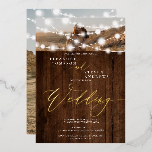 Rustige touwlichten bruin hout 2 foto's bruiloft folie uitnodiging (Voorkant / Achterkant)