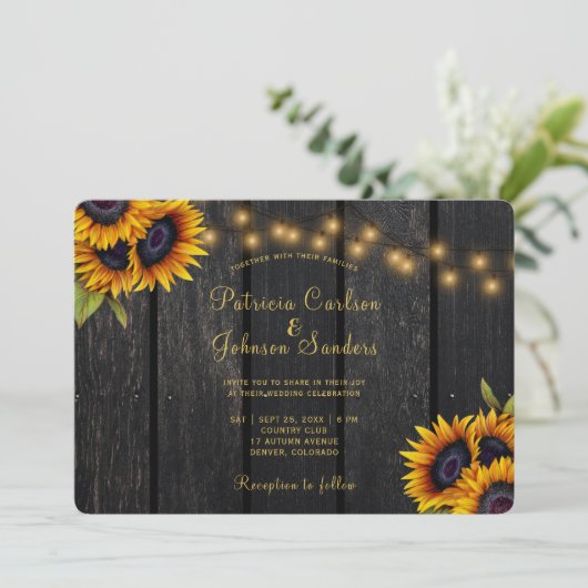 Rustige touwlichten zonnebloembruiloft kaart (Staand voorkant)