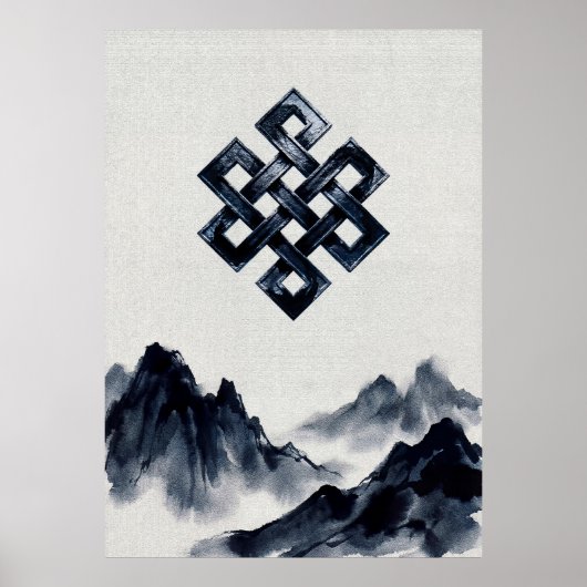 Rustige Traditionele Inktwaskunst Bergen Eindeloze Poster (Voorkant)