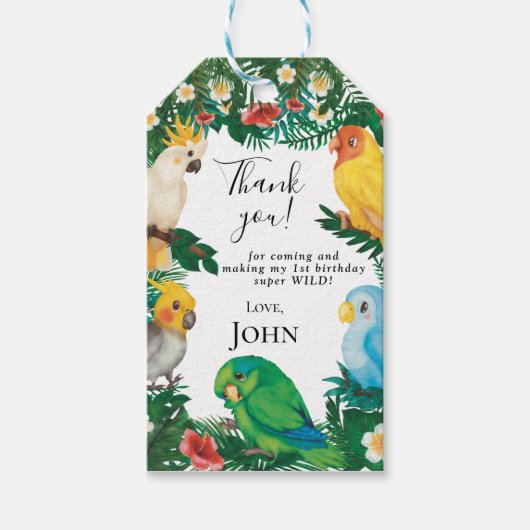 Rustige Tropische baby Wilde parrots Boys Birthday Cadeaulabel (Voorkant)