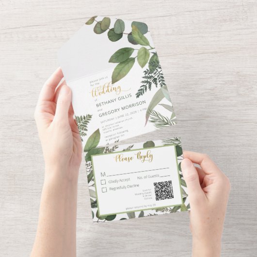 Rustige Tropische Greenery & Eucalyptus QR Code All In One Uitnodiging (Afscheurbaar)