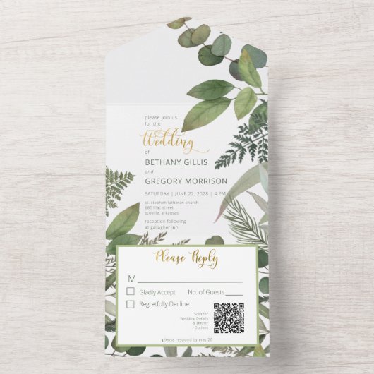 Rustige Tropische Greenery & Eucalyptus QR Code All In One Uitnodiging (Binnen)