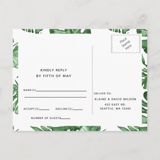 Rustige tropische Natuur botanische groen-bruiloft Uitnodiging Briefkaart (Achterkant)