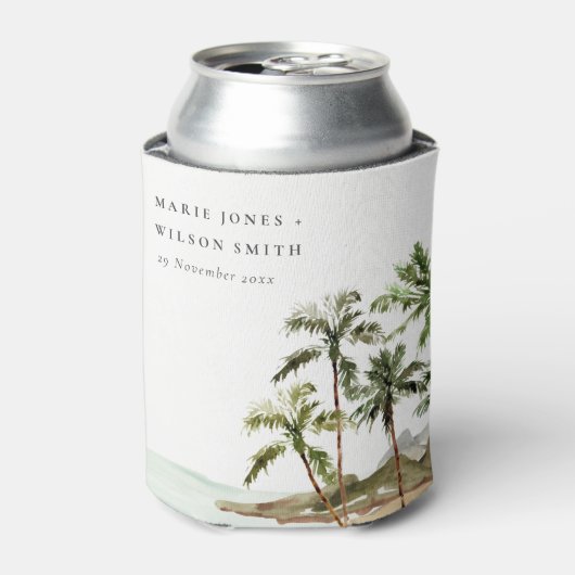 Rustige tropische palmbomen stranden zand huwelijk blikjeskoeler (Blikje Voorkant)