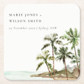 Rustige tropische palmbomen stranden zand huwelijk kartonnen onderzetters (Voorkant)