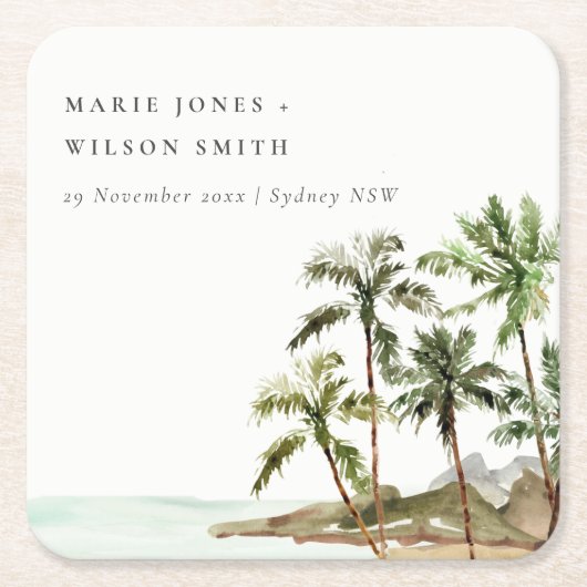 Rustige tropische palmbomen stranden zand huwelijk kartonnen onderzetters (Voorkant)